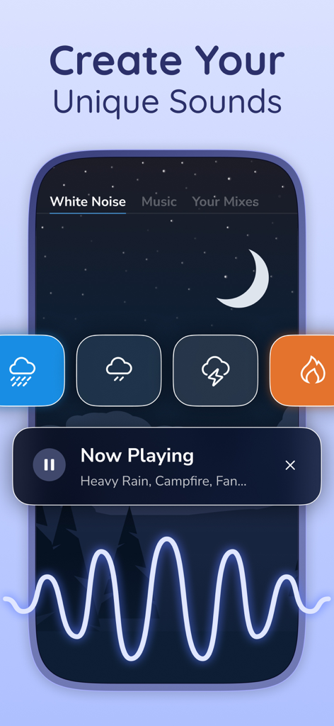 Interfaz de la aplicación Remly que muestra mezclas de sonido personalizadas para dormir con iconos de lluvia y fuego sobre un fondo de cielo nocturno