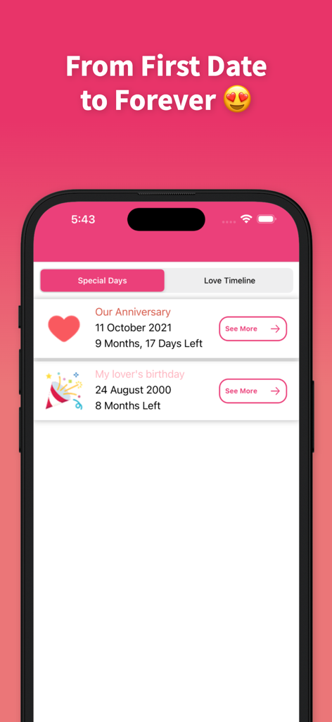 Uma captura de tela do aplicativo My Love Anniversary Tracker exibindo uma lista de dias especiais, incluindo aniversários e datas de aniversário com contadores regressivos