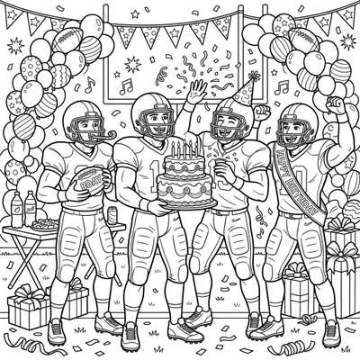 Get ready to celebrate a win with this dynamic Quarterbacks Birthday Party coloring page! Join these athletic stars as they enjoy cake, presents, and festive decorations, perfect for young sports enthusiasts.