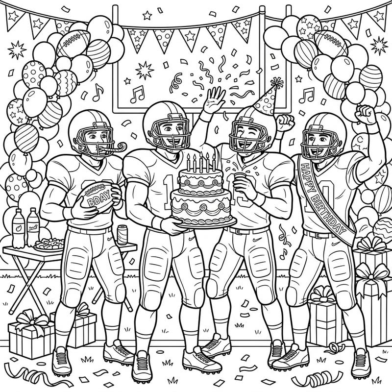 Get ready to celebrate a win with this dynamic Quarterbacks Birthday Party coloring page! Join these athletic stars as they enjoy cake, presents, and festive decorations, perfect for young sports enthusiasts.