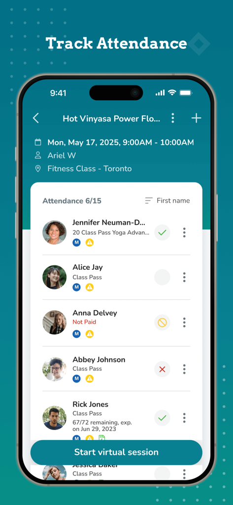 WellnessLiving Elevate app interface for fitness instructors to track class attendance and manage student check-ins on a mobile device.