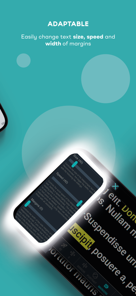 TeleprompterPAD - Tela do aplicativo TeleprompterPAD mostrando tamanho de texto ajustável, velocidade e margens