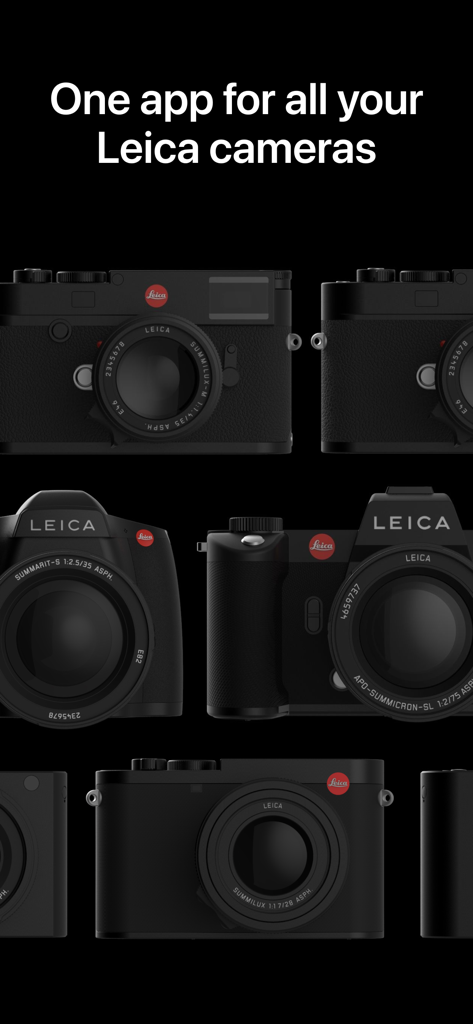 Leica FOTOS - A collection of various Leica camera models on a black background with text stating one app for all your Leica cameras