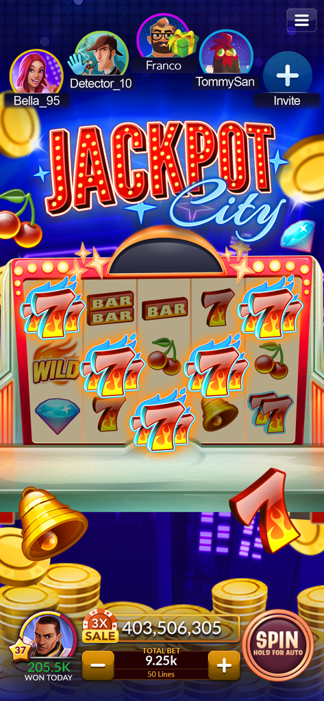 Big Fish Casino: Slots Games - Captura de pantalla de Big Fish Casino's Jackpot City slots con símbolos de siete en llamas y avatares de jugadores.