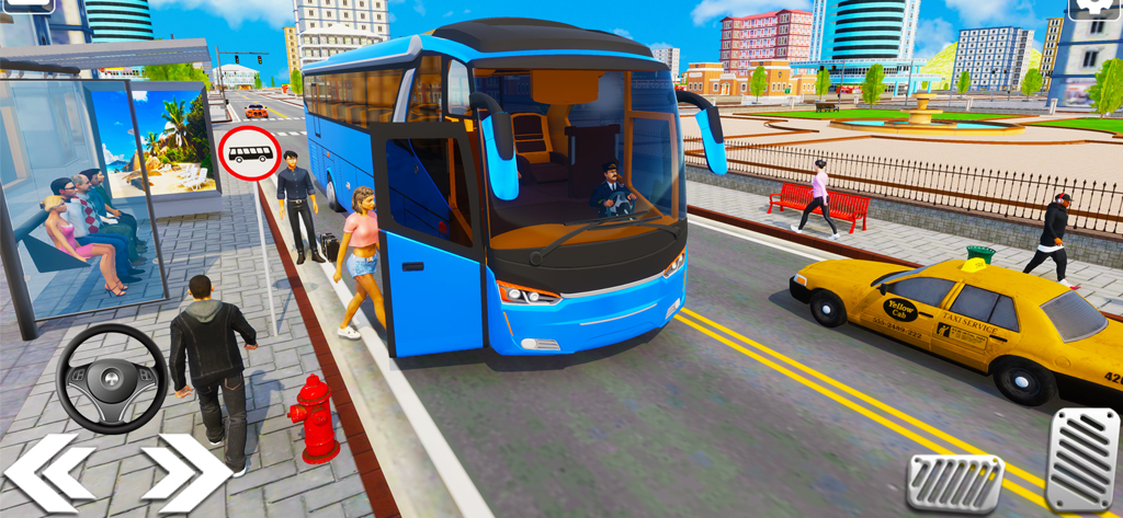 Bus Games - City Bus Simulator - Un autobús urbano azul detenido en una estación de autobuses con pasajeros subiendo en un juego de simulación 3D