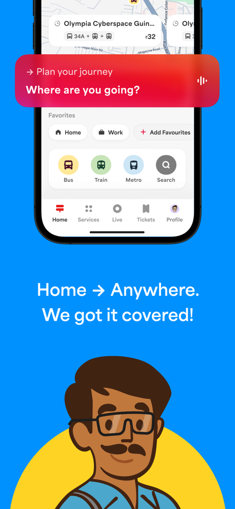 Tela do aplicativo móvel Chennai One mostrando a interface de planejamento de jornada com opções de ônibus, trem e metrô