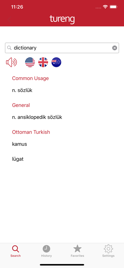 Tureng Dictionary app interface showing English to Turkish translation results for the word dictionary