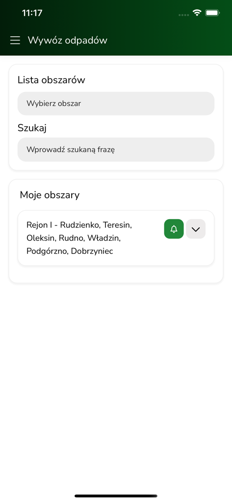 Schermata di gestione della raccolta rifiuti nell'app Gmina Kolbiel che mostra le aree di raccolta regionali e le impostazioni di notifica
