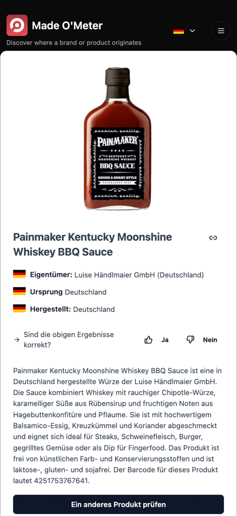 Made O'Meter - Origem do produto e detalhes do fabricante exibidos no aplicativo Made O'Meter
