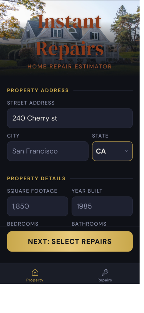 Instant Repairs - Instant Repairs app property information entry screen showing address and square footage fields