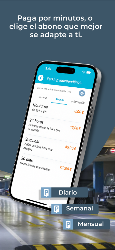 Pantalla de la app wesmartPark mostrando opciones flexibles de suscripción de aparcamiento, incluyendo pases diarios, semanales y mensuales