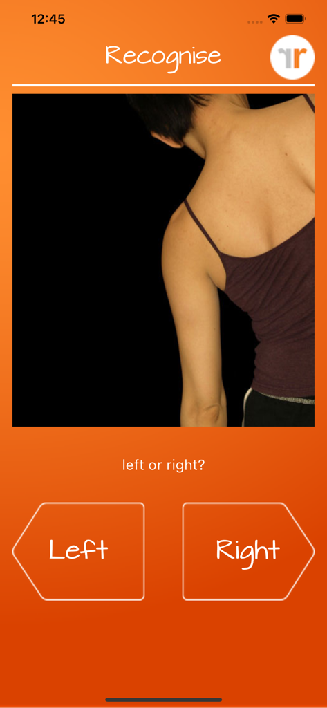 Screen from the Recognise Back app showing a left or right body part discrimination exercise