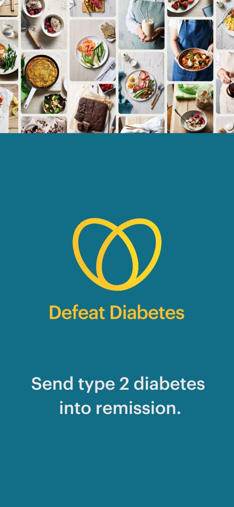 Defeat Diabetes - Defeat Diabetes app landing page with healthy food images and remission slogan