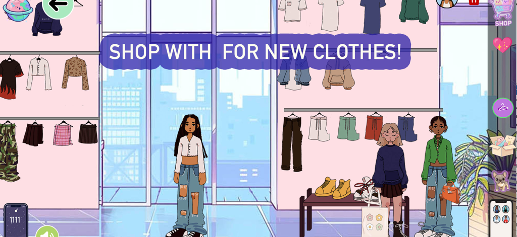 Moon World: Life & Style Sim - Avatares comprando ropa estética Y2K y cozycore en una boutique virtual