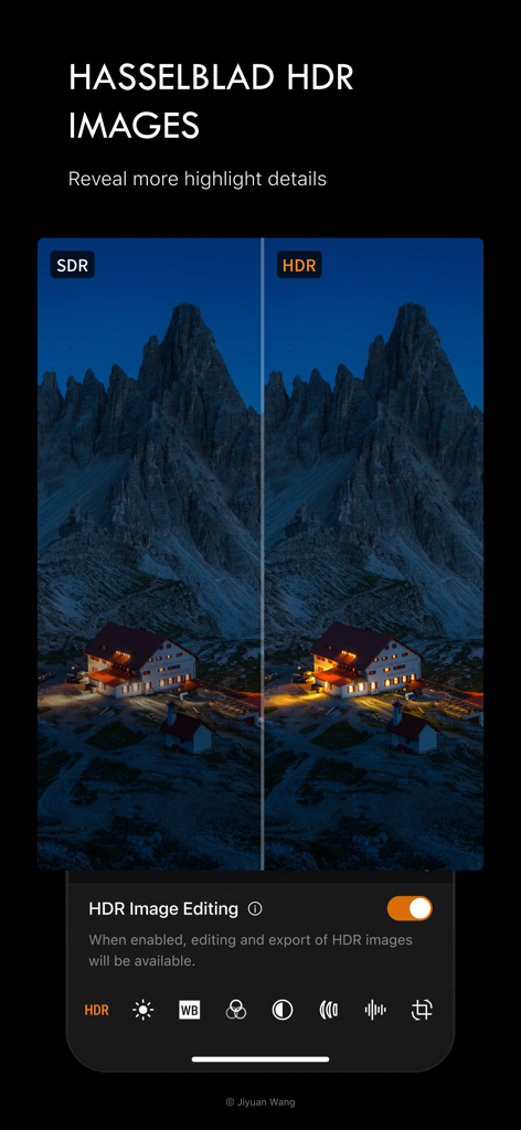 Phocus Mobile 2 - Side-by-side comparison of SDR and HDR image processing in the Phocus Mobile 2 app showing a mountain landscape with a cabin.