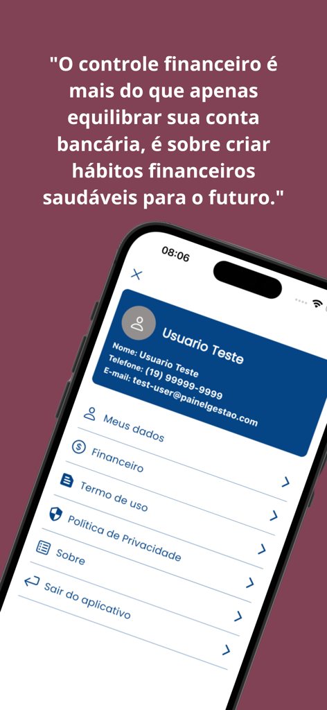 Benutzerprofil-Einstellungen der Finanzkontrolle-App mit einem Finanzzitat und Kontomenüoptionen.
