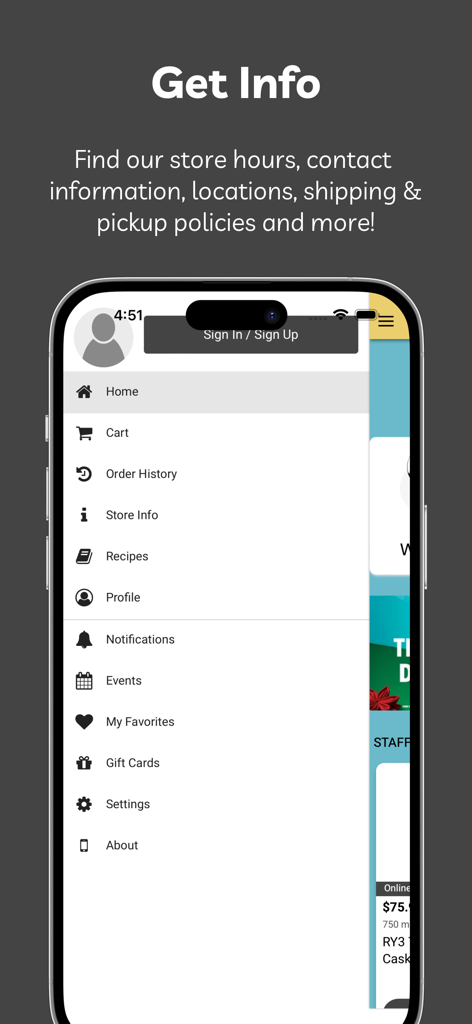 Pats Beverage and Liquor Store app menu interface with navigation options