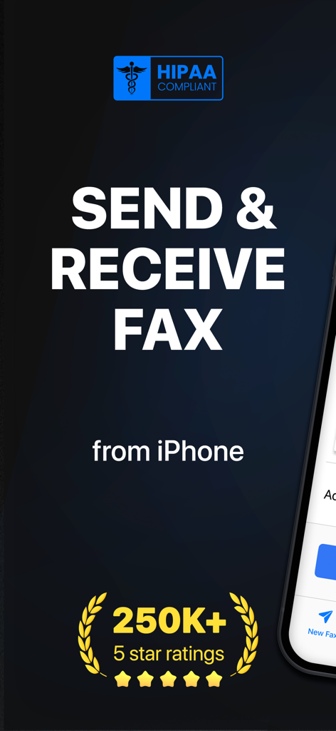 FAX from iPhone: Send Doc App - FAX depuis l'écran d'accueil de l'application iPhone affichant la conformité HIPAA et 250 000 évaluations cinq étoiles