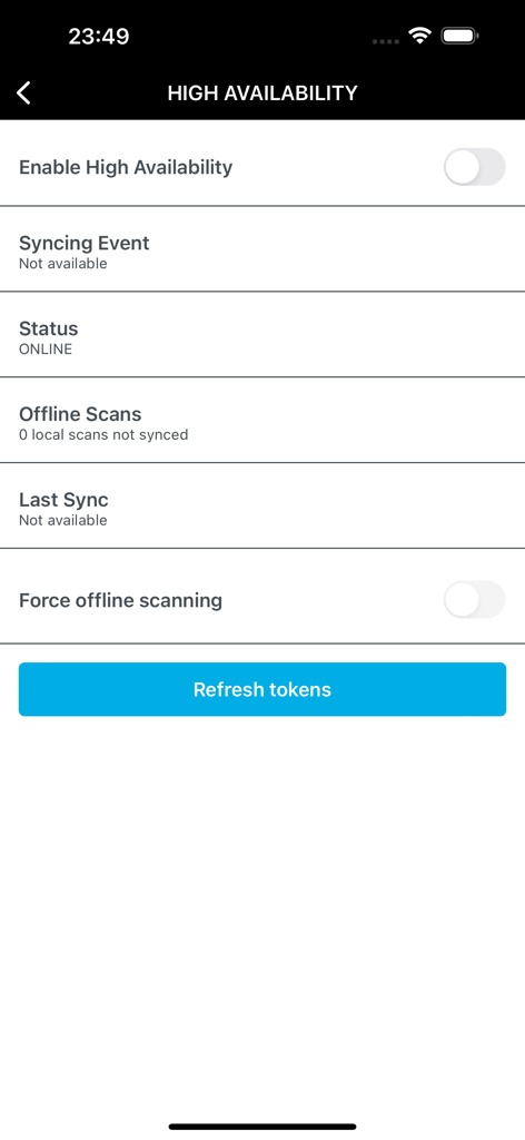 TM1 Access - TM1 Access app screen showing high availability and offline scanning settings