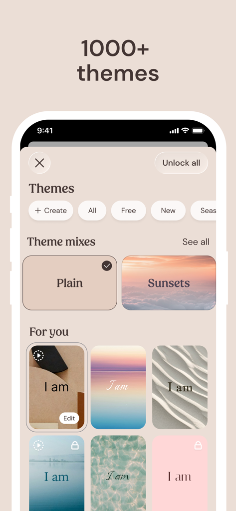 Schermata di selezione del tema estetico nell'app di affermazioni giornaliere I am che mostra vari stili di sfondo