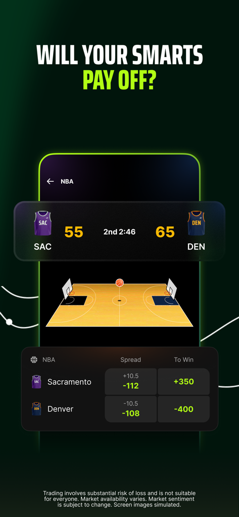 DraftKings Predictions - Écran de l'application DraftKings Predictions montrant le score en direct de la NBA et les cotes de trading des contrats d'événements