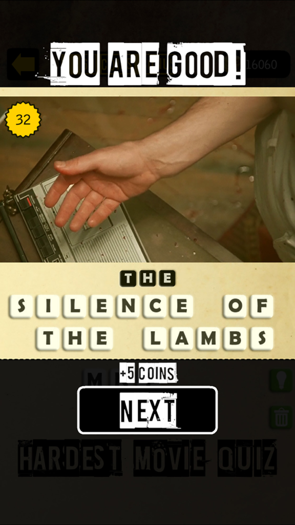 Hardest Movie Quiz: Guess Film - A screenshot of the Hardest Movie Quiz app showing a correct guess for the film The Silence of the Lambs.