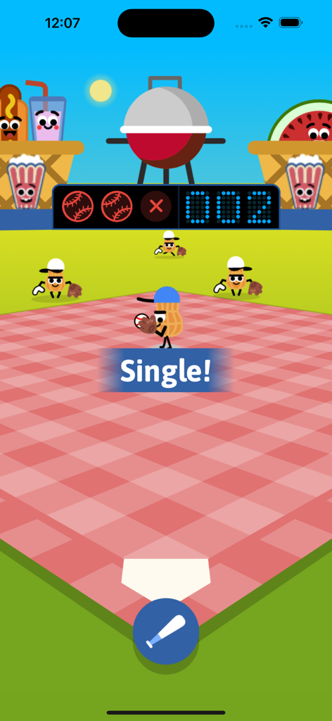 Doodles Baseball Game - Gameplay of Doodles Baseball showing cute peanut characters on a red checkered picnic blanket field with BBQ themed background items