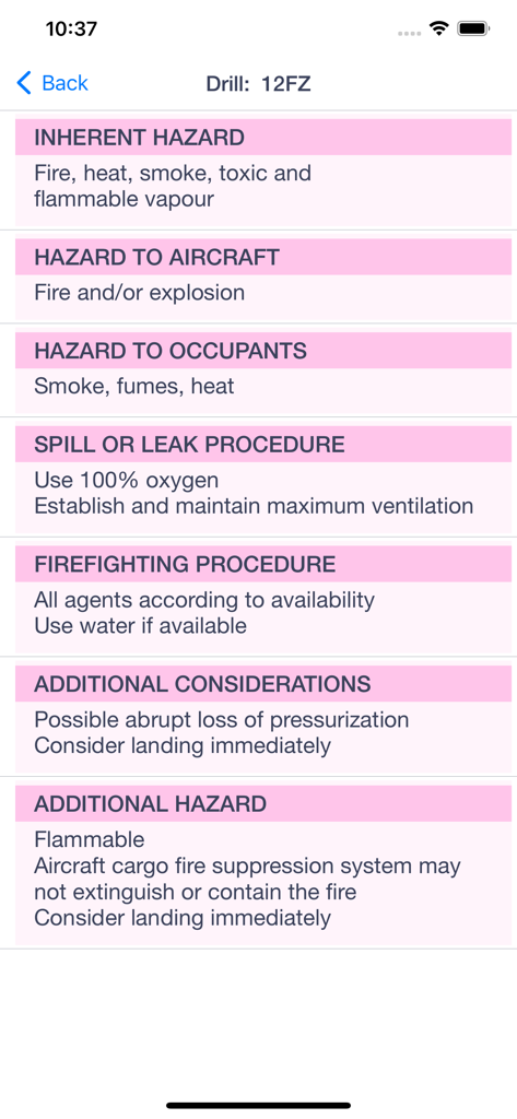 ERG Drill Codes - Aviation emergency response drill code procedures showing hazards and spill protocols