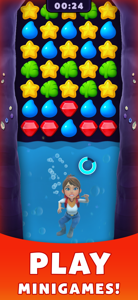 Tile matching puzzle board and underwater explorer character in a minigame