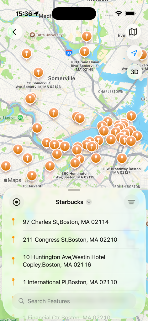 Geodata Map Viewer - Interfaz de la aplicación Geodata Map Viewer que muestra un mapa de Boston con varios marcadores de ubicación y una lista de direcciones de Starbucks