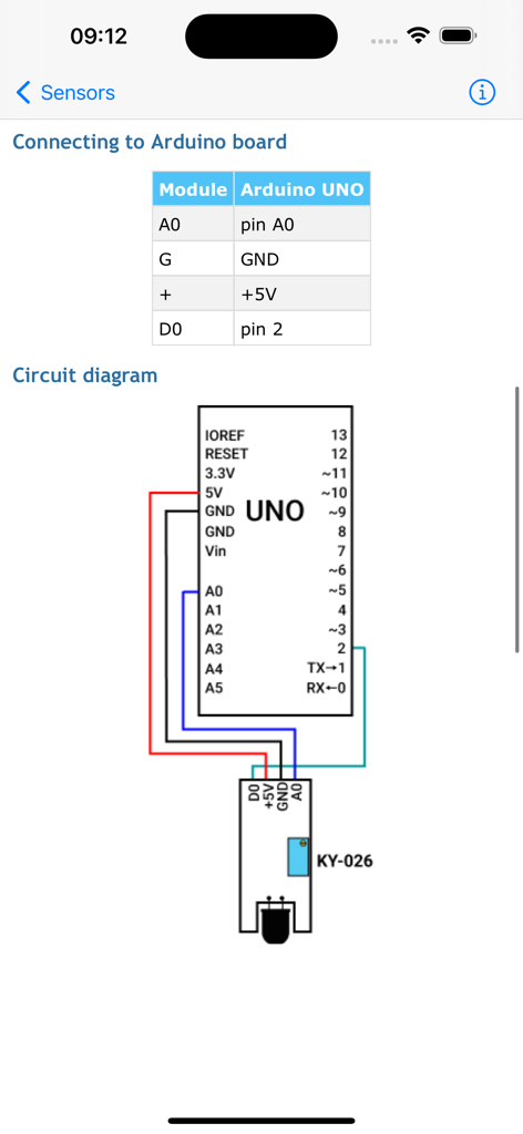 Arduino Programming Tutorial - Circuit diagram and connection table for an Arduino UNO and KY-026 module