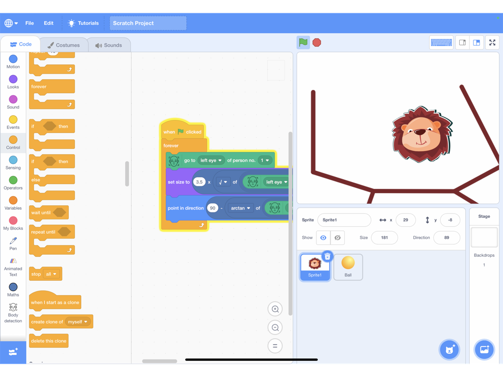 ScratchUP - A screenshot of the ScratchUP iPad app showing a block-based coding interface with body detection and machine learning features.