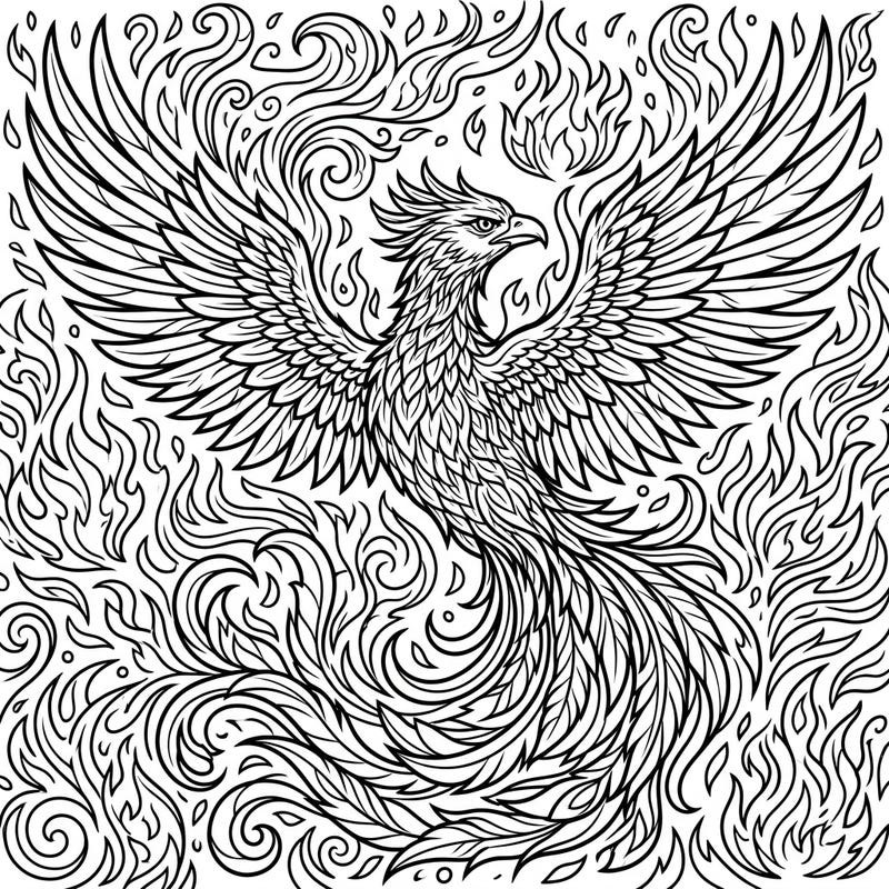Ignite your imagination with this spectacular Crimson Phoenix coloring page, featuring the legendary firebird in magnificent detail. Its powerful wings and fiery aura promise an exciting and vibrant coloring challenge.