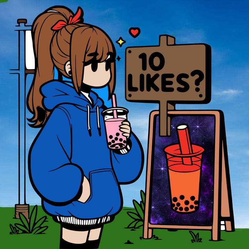 girl with oversized hoodie drinking boba and she has a high ponytail with a sign that says 10likes?