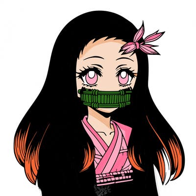 nezuko anime girl with bamboo muzzle and black hair with dyed ends