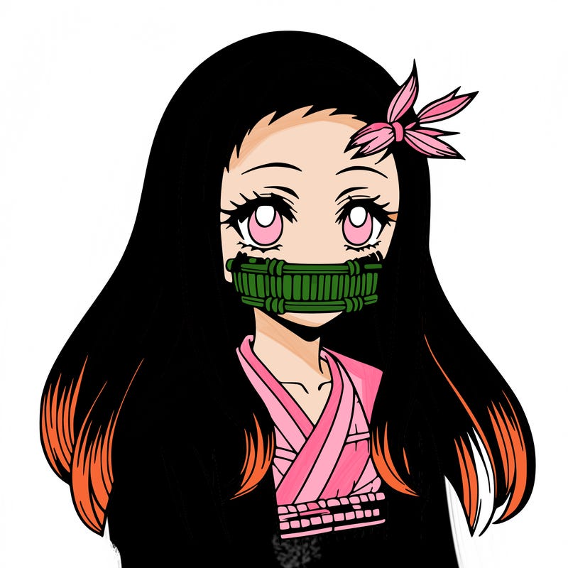 nezuko anime girl with bamboo muzzle and black hair with dyed ends