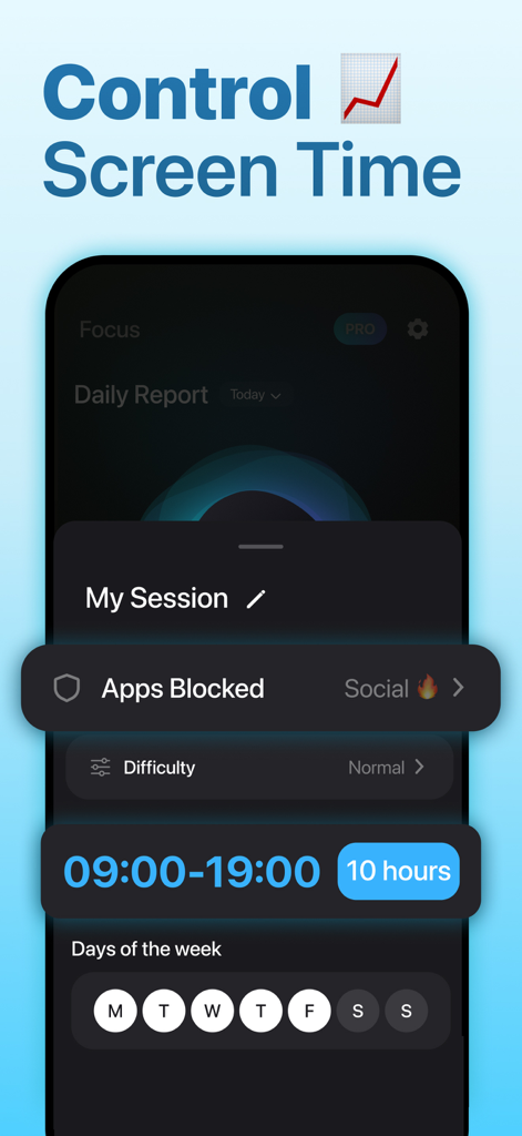 LIMIT: Screen Time Control - Interface of the LIMIT app showing a scheduled focus session with social media apps blocked during work hours