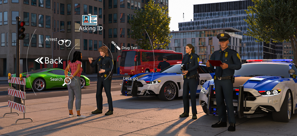 Patrol Officer Police Games 3D - A police officer asking for a civilians ID in a city street during a gameplay session of Patrol Officer Police Games 3D