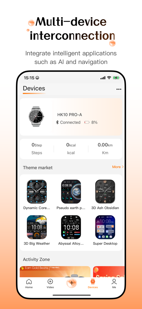 Wearfit Pro app screen showing a connected HK10 PRO-A smartwatch and a variety of digital watch faces in the theme market