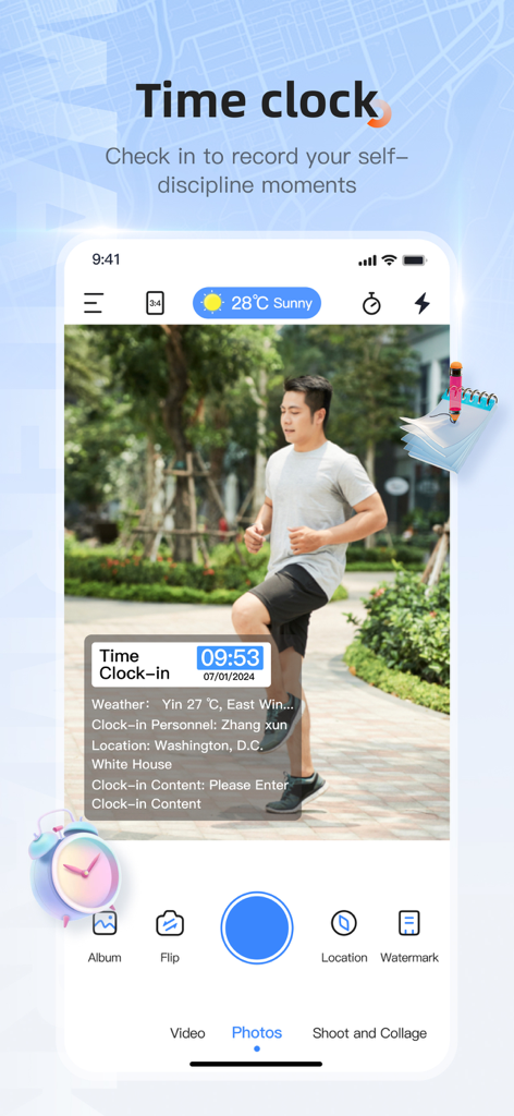 A man jogging with a location and time watermark overlay on the app screen