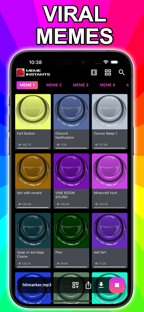 Interface do aplicativo Meme Instants soundboard exibindo uma grade de botões coloridos de sons de memes virais como Vine Boom e Fart Button.