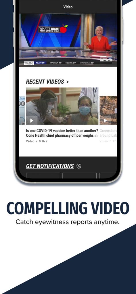 MyFOX8 - MyFOX8 app screenshot showing the Video section with news reports and local eyewitness coverage.