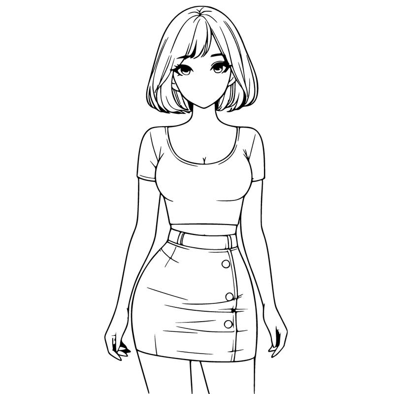 realistic woman with a bobcut wearing a mini skirt