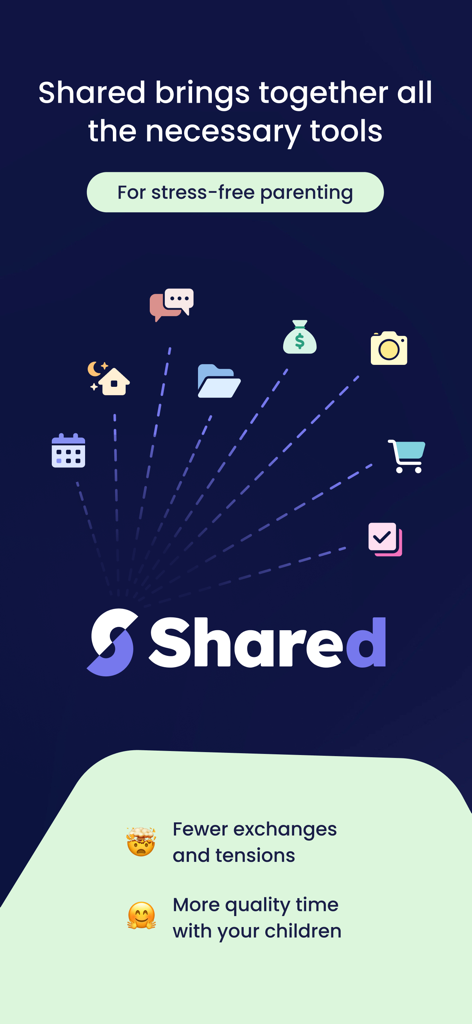 Shared, the Family Organizer - Marketingbildschirm für die Shared-App, der ihre All-in-One-Tools für stressfreies Elternsein und Familienorganisation hervorhebt