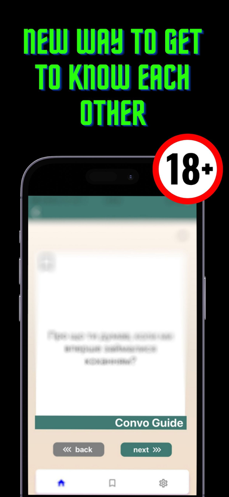 Oberfläche der Convos-App mit der Kategorie 18 Plus für Gesprächsstarter für Erwachsene