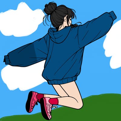 realistic girl jumping with a bun and oversized sweatshirt