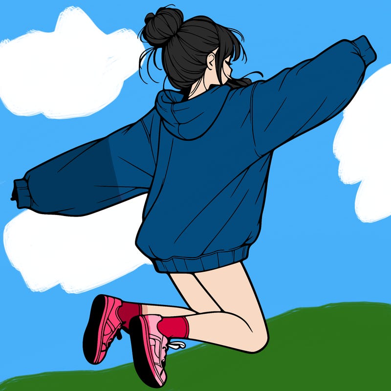 realistic girl jumping with a bun and oversized sweatshirt