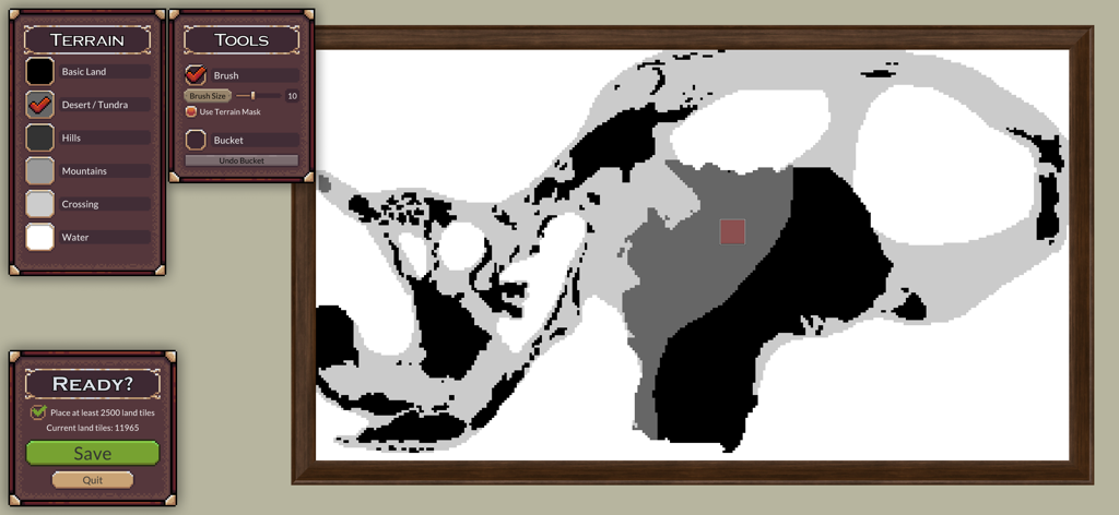 Ages of Conflict World War Sim - Interfaccia del creatore di mappe in Ages of Conflict che mostra la selezione del terreno e gli strumenti pennello per la costruzione del mondo