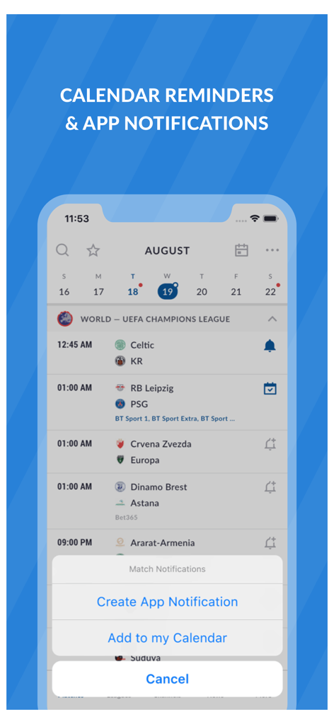 Um smartphone mostrando o calendário do aplicativo Live Soccer TV para partidas da UEFA Champions League com opções para criar notificações no aplicativo ou adicionar jogos a um calendário pessoal.
