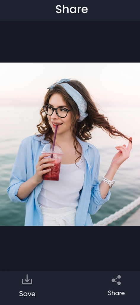 Erase Objects: Remove Object - Share screen of the Erase Objects app showing a woman holding a drink with options to save or share the edited photo